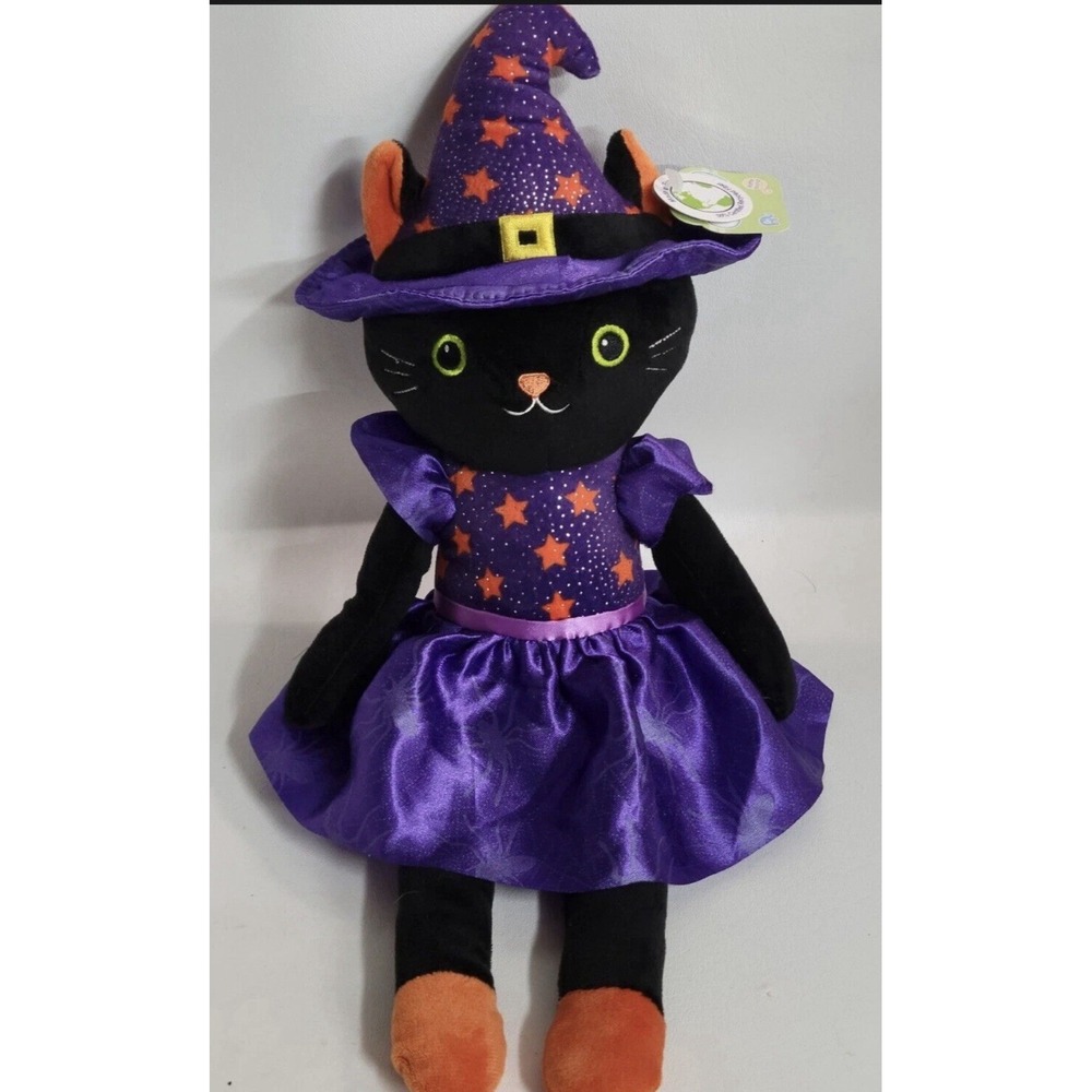 18 inch Plush Black Cat Wearing Witch Hat Halloween Purple sparkle dress & Hat